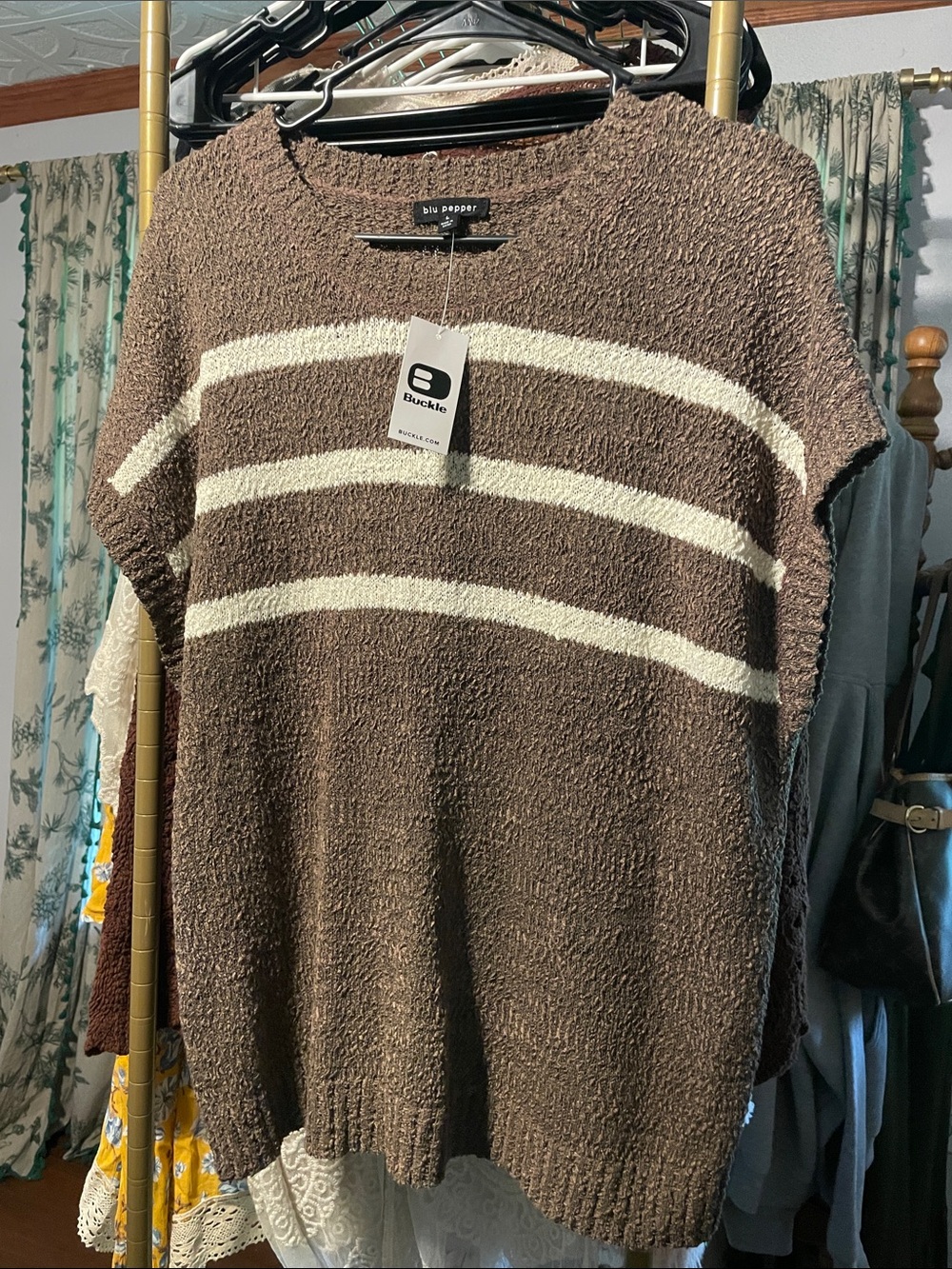 Buckle Brown and Cream Striped Textured Short-Sleeve Pullover